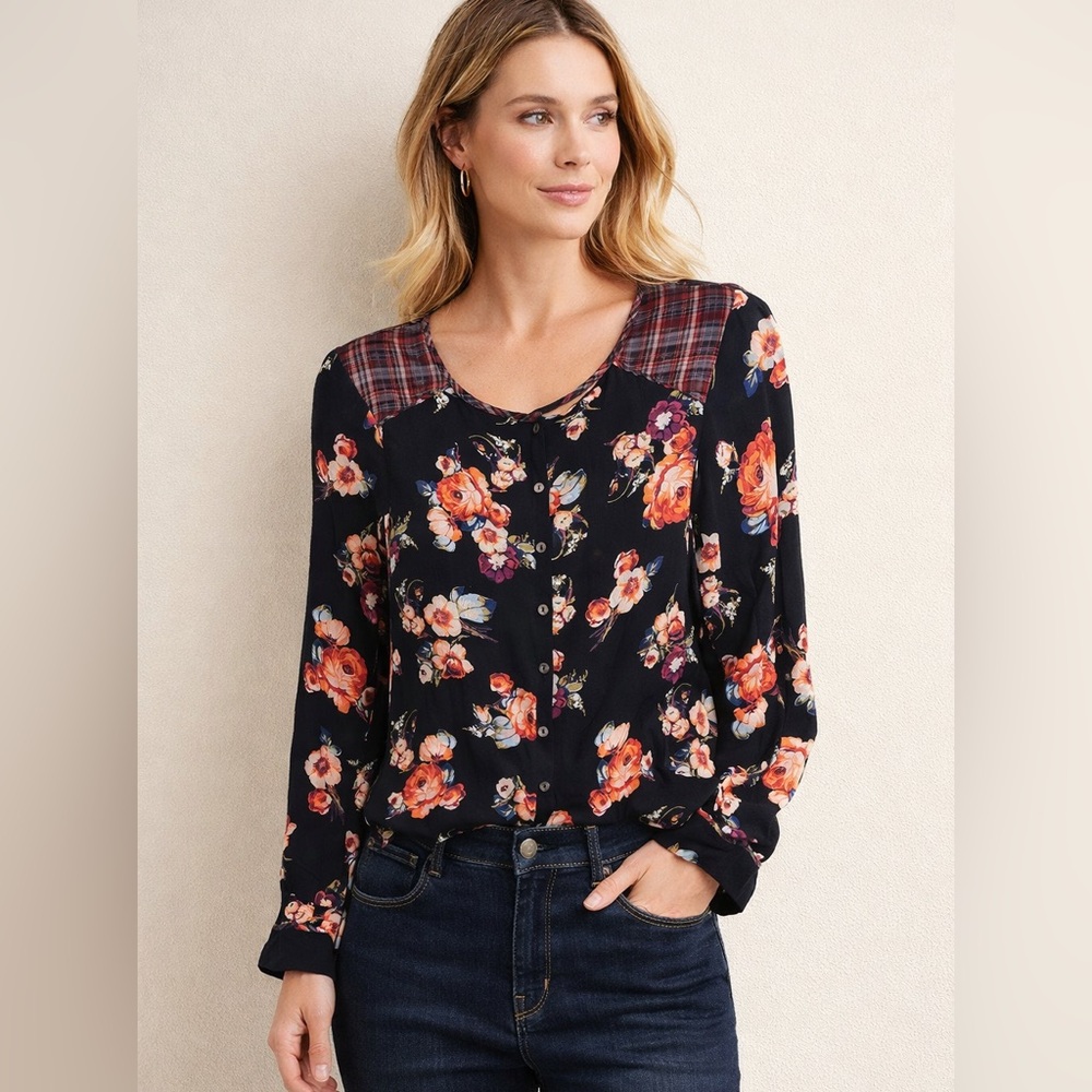 Monsoon Black Floral Blouse with Plaid Detail